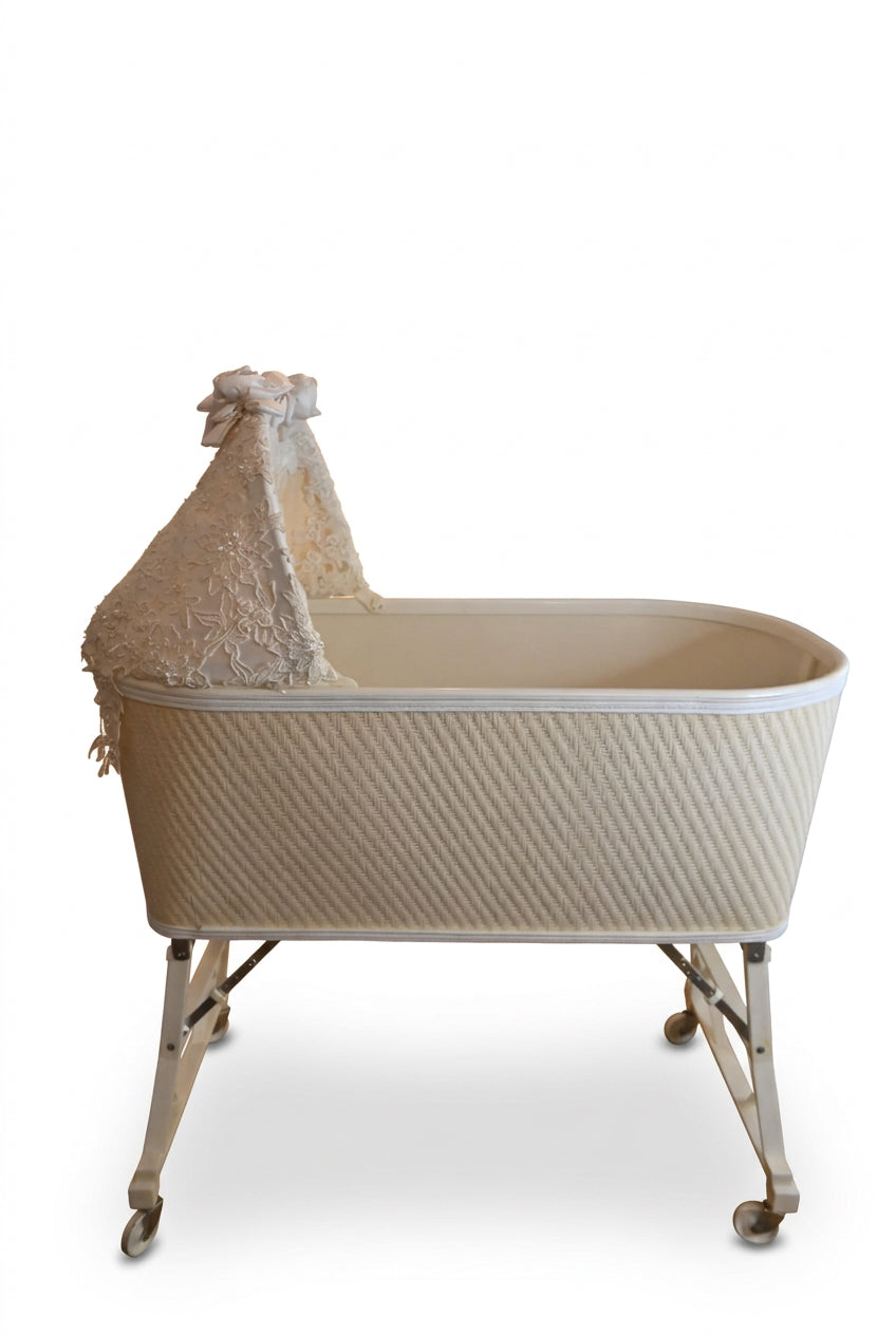 Antique 1960 Wicker Baby Cradle with Flowers